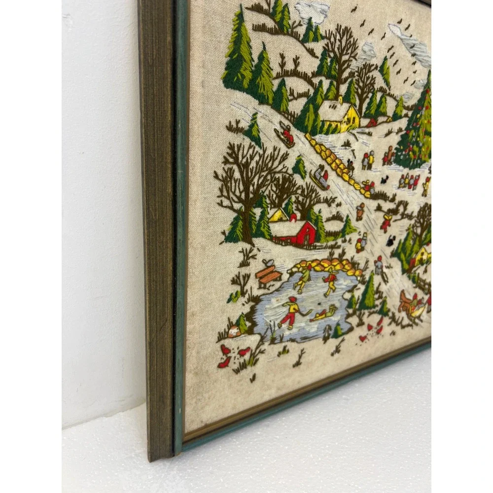Vintage Framed Crewel Embroidery Winter Village Landscape Wood Frame Grannycore